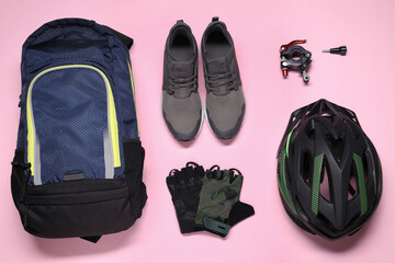 Sticker - Flat lay composition with cycling accessories on pink background