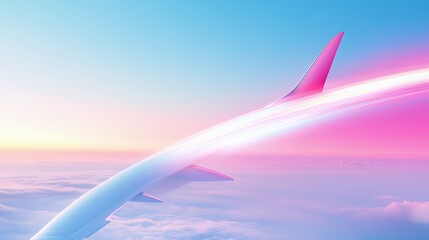 Poster - A vibrant airplane wing soaring above colorful clouds at sunset.