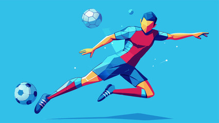 Abstract low polygon football player kicking the ball wireframe mesh on soft blue background