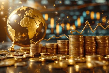 Poster - A pile of gold coins sits on a table next to a globe