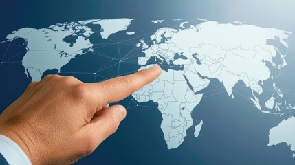 Poster - A hand in business attire gestures toward a screen filled with white squares, illustrating a vast network and global communication against an abstract Earth backdrop