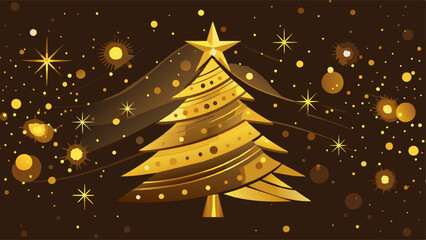 Wall Mural - Merry Christmas and Happy New Year. Gold sparkling Christmas tree symbol with gold bokeh abstract background