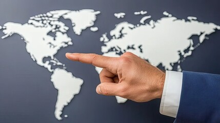 Poster - A hand in business attire gestures toward a screen filled with white squares, illustrating a vast network and global communication against an abstract Earth backdrop