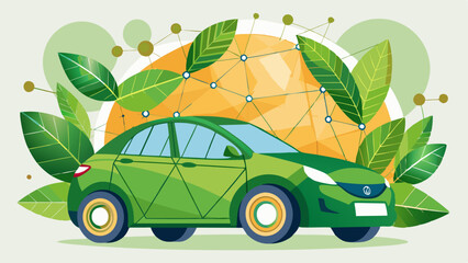 Wall Mural - Eco friendly car and leaves form lines and triangles, point connecting network background. Ecology concept