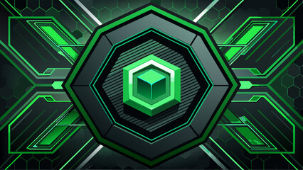 Wall Mural - Abstract black futuristic surface hexagon pattern with green lines ecology concept background