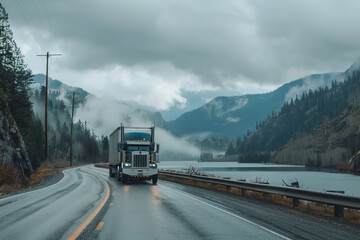 Truck driving on the road at sunset, transportation and logistics concept