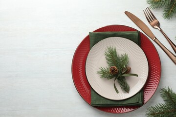 Poster - Christmas table setting with festive decor, flat lay. Space for text