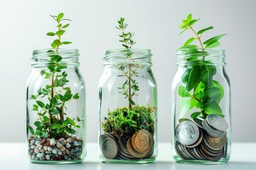 Canvas Print - Three glass jars with plants and coins inside