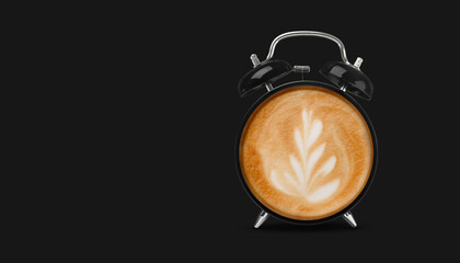 Poster - Alarm clock with coffee instead of dial on black background, banner design. Space for text