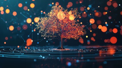 Poster - A digital tree with glowing branches and leaves connected by a network of illuminated nodes, symbolizing technology and interconnectedness.
