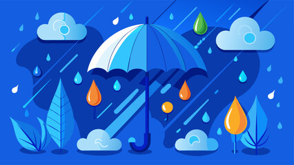 rain drops with umbrella space for your text concept, blue backg