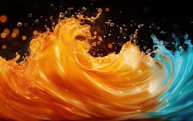Poster - A vibrant splash of orange and blue liquid, showcasing dynamic motion and energy against a dark background.