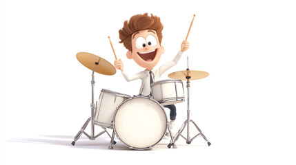 Cheerful cartoon character playing drums with enthusiasm and joy, bringing music to life in a vibrant and fun way.