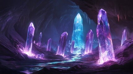 Crystal Cavern: A vast underground cavern filled with giant, luminous crystals, with an iridescent river flowing through the middle.
