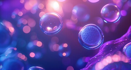 Wall Mural - A close up of glowing blue cells in a laboratory, with the focus on one cell that is surrounded by several smaller glass spheres. The background has a purple gradient, creating a sense of depth and co