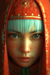 Young woman with blue hair and freckles wearing a red hood with gold embroidery stares intently, creating a captivating and mysterious atmosphere