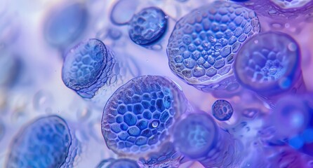 Wall Mural - Close-up of blue cells in an artificial human cell, in a microscopic view. Blue light illuminates the scene. The background is blurred to emphasize details inside each cell. A purple hue adds depth an