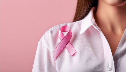 pink ribbon pinned to a white shirt, with a soft pink background emphasizing the message of hope - breast cancer awareness