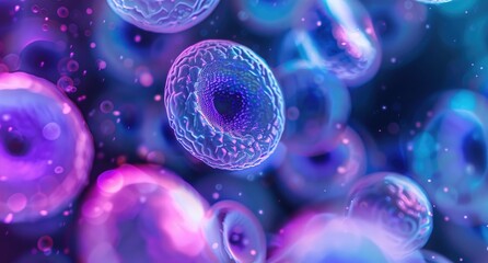 Poster - Close-up of glowing blue cellular cells in an organic setting, showcasing the intricate patterns and colors within each one. The focus is on capturing their unique beauty through macro photography