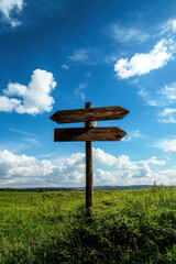 a wooden direction sign stands tall amidst lush greenery, set against a vibrant blue sky with fluffy