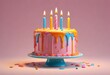 © Lied - A colorful birthday cake with candle lits, dripping with vibrant icing in shades of pink, orange, yellow, and blue against a plain pastel background