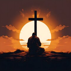 Wall Mural - Man kneeling and praying in front of the cross