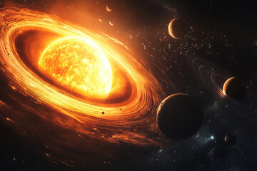 Wall Mural - planets are orbiting massive star in deep space. planetary system and glowing star
