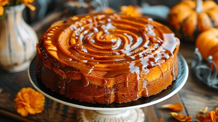 A wafer cracker crusted pumpkin cake with a swirl of caramel glaze on top