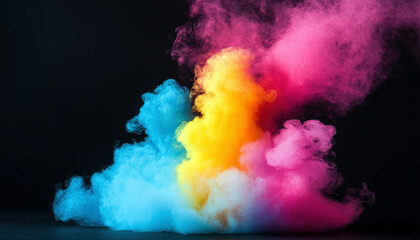Poster - A stunning display of colorful smoke, featuring bright blue, yellow, pink, and orange hues swirling against a dark background, creating an artistic and dynamic visual sensation.