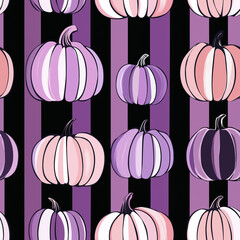 Wall Mural - Seamless pattern with pumpkins on a purple and black striped background. 