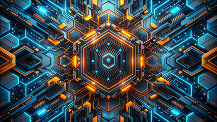 Poster - Cybernetic Symmetry: A mesmerizing fusion of blue and orange hexagonal patterns interlock in a futuristic technological tapestry.
