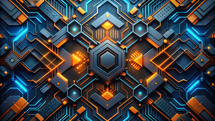 Poster - Cybernetic Symmetry: A mesmerizing fusion of blue and orange hexagonal patterns interlock in a futuristic technological tapestry.