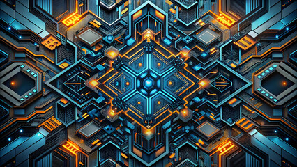 Poster - Cybernetic Symmetry: A mesmerizing fusion of blue and orange hexagonal patterns interlock in a futuristic technological tapestry.