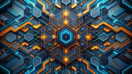 Poster - Cybernetic Symmetry: A mesmerizing fusion of blue and orange hexagonal patterns interlock in a futuristic technological tapestry.