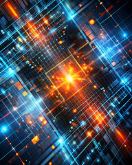 Poster - Digital Horizon: A Burst of Innovation - Abstract blue and orange cityscape of data and light streaks conveying technological advancement and the future.