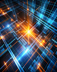 Poster - Digital Horizon: A Burst of Innovation - Abstract blue and orange cityscape of data and light streaks conveying technological advancement and the future.