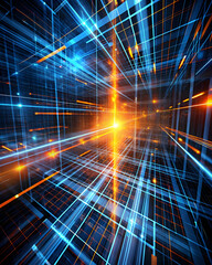 Fototapete - digital horizon: a burst of innovation - abstract blue and orange cityscape of data and light streak