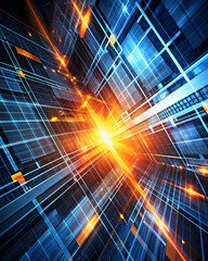 Poster - Digital Horizon: A Burst of Innovation - Abstract blue and orange cityscape of data and light streaks conveying technological advancement and the future.