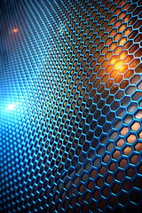 Poster - Abstract Metal Grid with Blue and Orange Glows: A captivating abstract design featuring a dark metal grid with glowing blue and orange elements. The blue wave with a subtle shine 