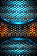 Poster - Abstract Metal Grid with Blue and Orange Glows: A captivating abstract design featuring a dark metal grid with glowing blue and orange elements. The blue wave with a subtle shine 