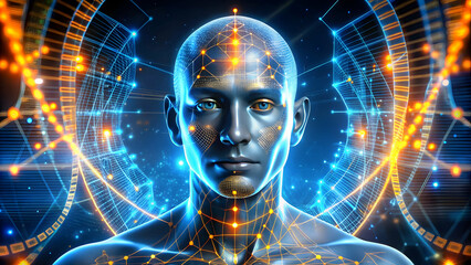 Poster - The Awakened Mind: A hyperrealistic 3D rendering of a human head enveloped in glowing neural networks, symbolizing artificial intelligence, consciousness, and the future of technology. 