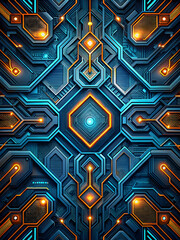 Poster - Cybernetic Core: A mesmerizing abstract design featuring an intricate network of glowing circuits and geometric patterns in shades of blue and orange, evoking a sense of futuristic technology 