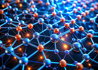 Poster - Network of Innovation: A futuristic abstract illustration of interconnected metallic spheres on a circuit board, representing the flow of data, ideas, and connections in the digital age. 