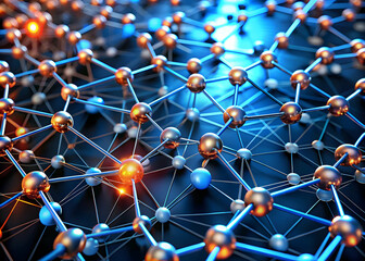 Poster - Network of Innovation: A futuristic abstract illustration of interconnected metallic spheres on a circuit board, representing the flow of data, ideas, and connections in the digital age. 