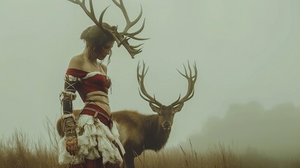 Druid woman in traditional attire standing beside a deer in a foggy field. Copy space.