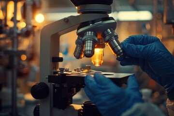 Wall Mural - A person is holding a microscope and looking at something