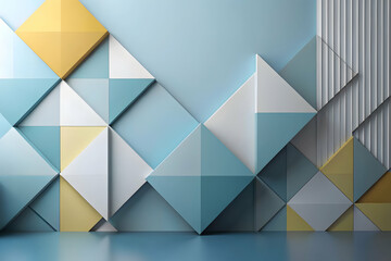 Poster - Geometric Serenity: A symphony of blue, yellow, and white triangles form a captivating 3D wall, ideal for modern architecture and minimalist design projects. 