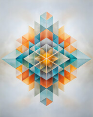 Wall Mural - Geometric Tapestry: A mesmerizing symphony of teal, orange, and gray triangles converge in perfect harmony, radiating a captivating aura of balance and order.  