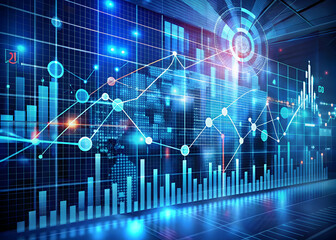 Poster - Global Data Symphony: A symphony of data visualization, illuminated by glowing charts and graphs, paints a picture of global market trends in a cutting-edge technological hub.  