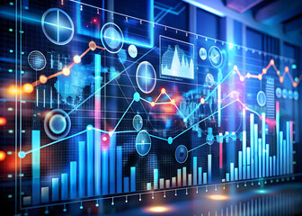 Poster - Global Data Symphony: A symphony of data visualization, illuminated by glowing charts and graphs, paints a picture of global market trends in a cutting-edge technological hub.  